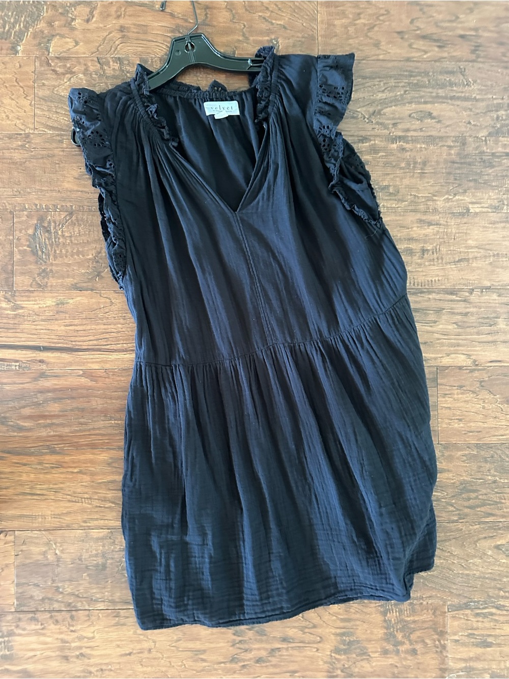 Velvet by Graham & Spencer Black V-Neck Eyelet Ruffle Tunic